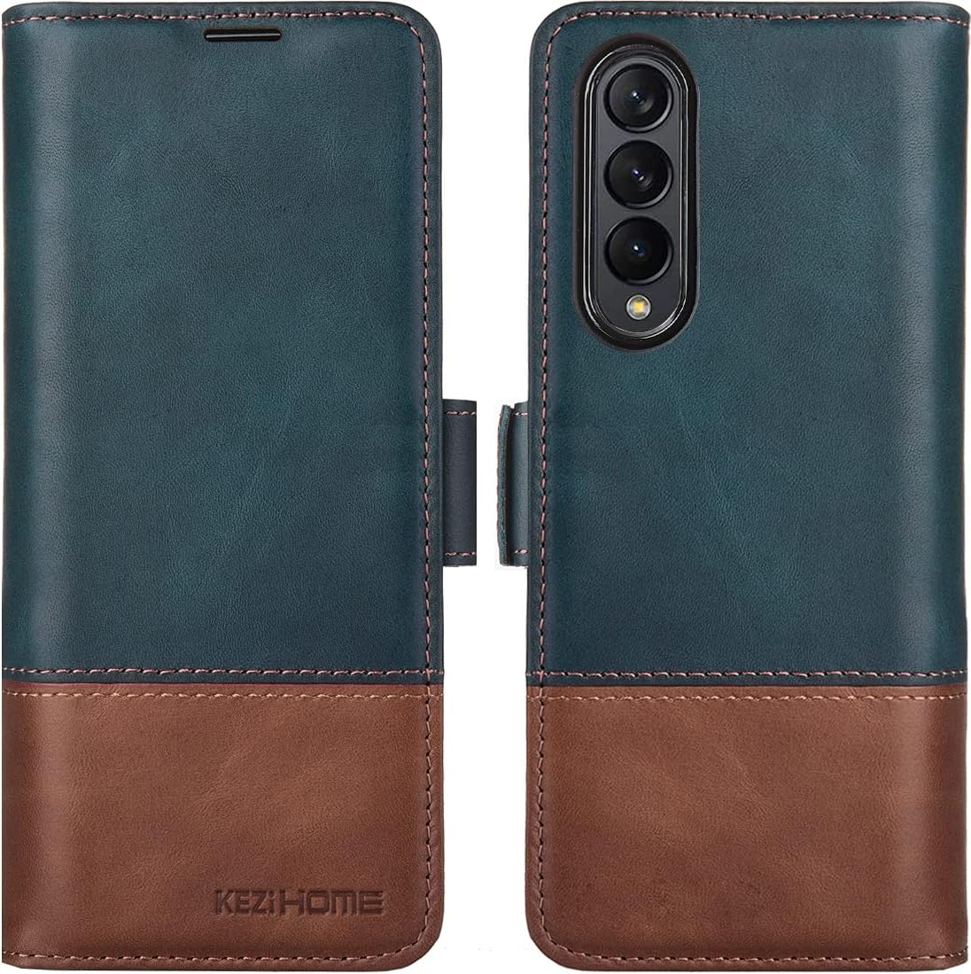 KEZiHOME Genuine Leather Galaxy Z Fold 3 Wallet Case [RFID Blocking] with Card Slot Flip Kickstand Phone Cover Compatible with Galaxy Z Fold 3