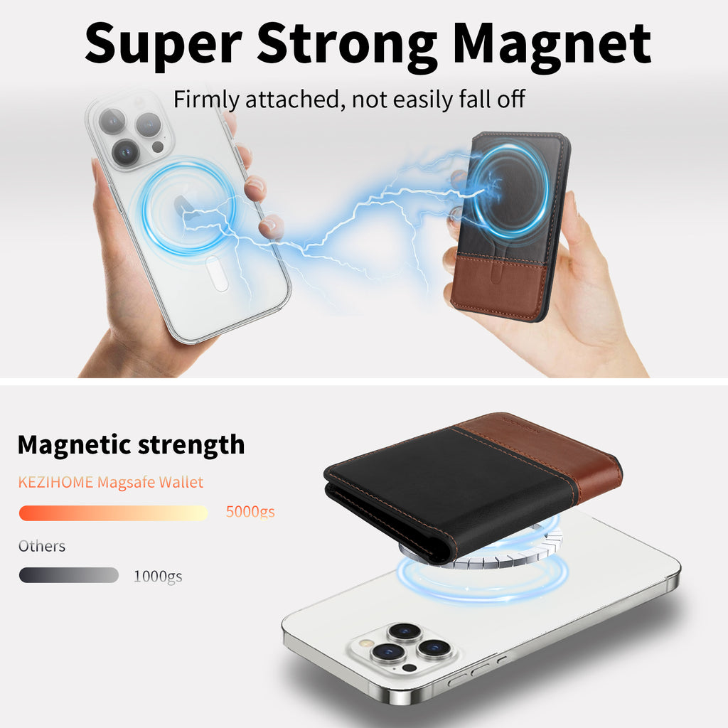 KEZiHOME for MagSafe Wallet with Stand, Genuine Leather 6 Card Holders[RFID Blocking] Minimalist Magnetic Wallet for iPhone 17/16/15/14/13/12 Series with MagSafe Phone Case