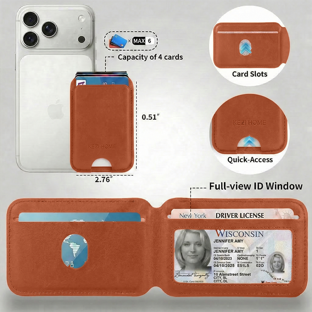 KEZiHOME for MagSafe Wallet, Genuine Leather 5-6 Card Holder[RFID Blocking] with Adjustable Stand, Strong Magnetic Wallet for iPhone 17/16/15/14/13/12 Series