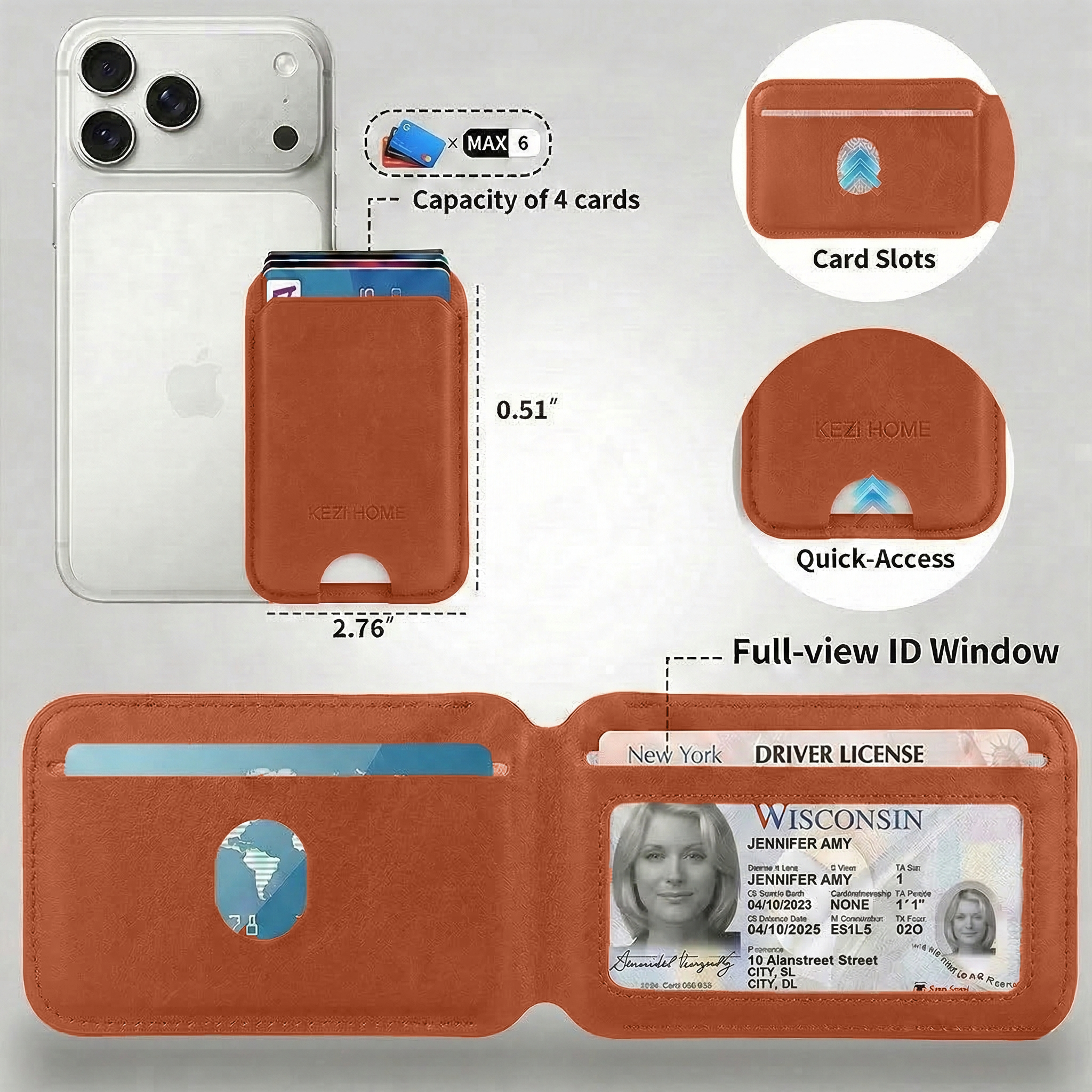 KEZiHOME for MagSafe Wallet, Genuine Leather 5-6 Card Holder[RFID Blocking] with Adjustable Stand, Strong Magnetic Wallet for iPhone 17/16/15/14/13/12 Series