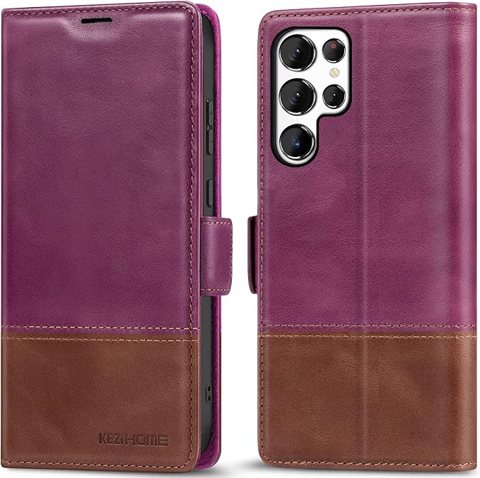 KEZiHOME for Samsung Galaxy S25 Ultra Case, Genuine Leather [RFID Blocking] Galaxy S25 Ultra Wallet Case, Card Slot Flip Magnetic Stand Phone Cover Compatible with Samsung S25 Ultra