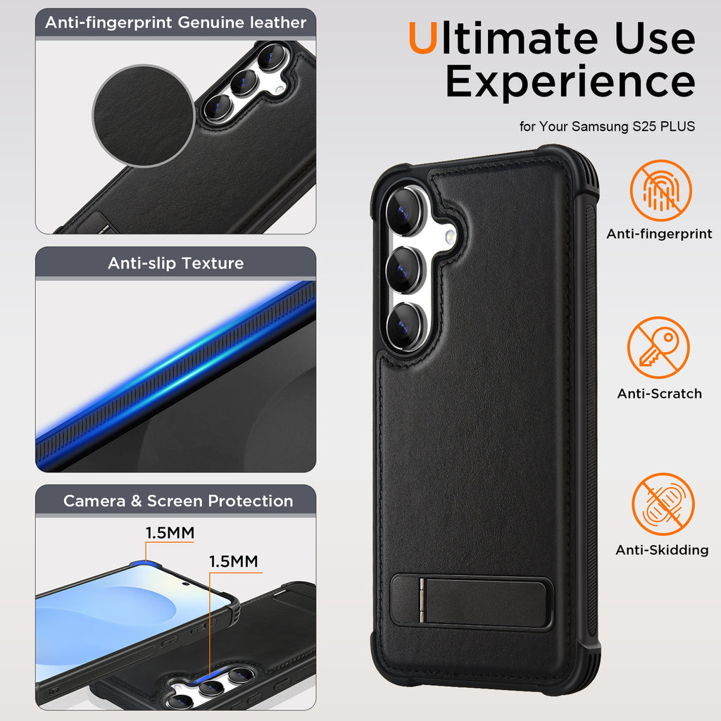 KEZiHOME Magnetic for Samsung Galaxy S25 Plus Case with Kickstand, Compatible with MagSafe, Genuine Leather Military Grade Protection Shockproof Soft Edge Phone Case for Galaxy S25+ Plus